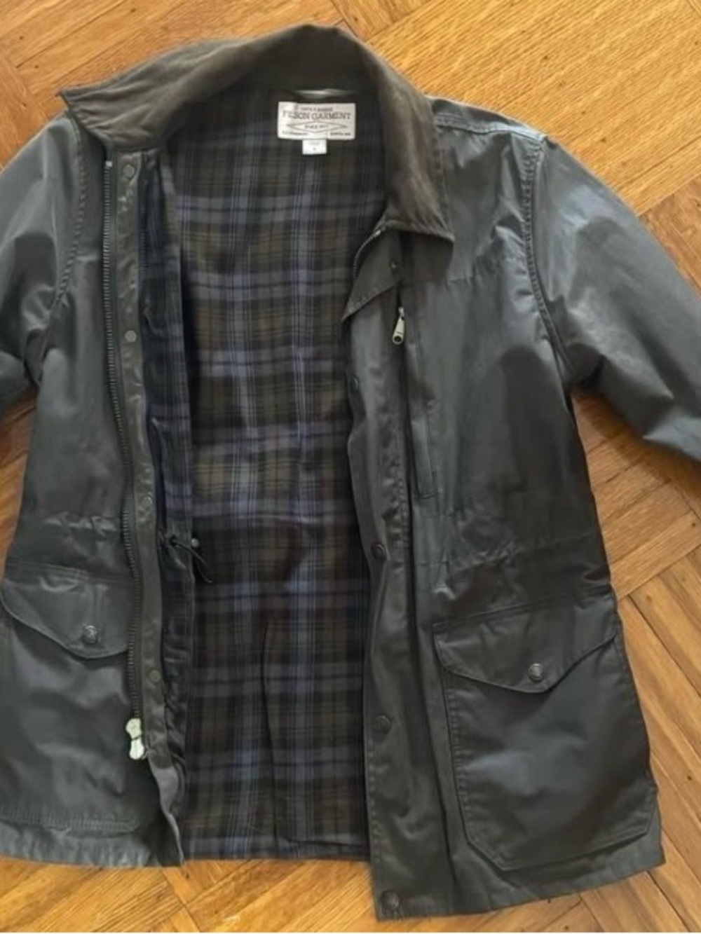Filson Dark Olive Waxed Field Jacket with Plaid Lining